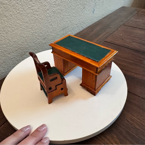 Vintage dollhouse furniture green & brown Miniature desk & chair - Picture 2 of 5